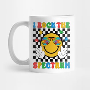 I Rock The Spectrum Groovy Hippie Smile Face Cool Autism Awareness Month Day Cute Women Men Boys Girls Kids Mug